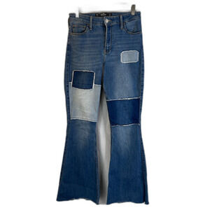 Hollister Patchy Patchwork Flare Leg Denim Jeans Raw Hem High Rise JRS SZ 5R-27